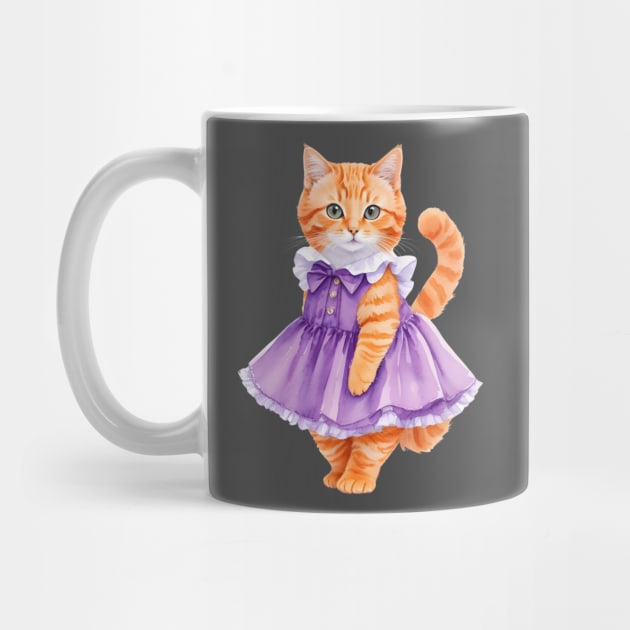 Watercolor orange cat wearing purple dress by Luckymoney8888